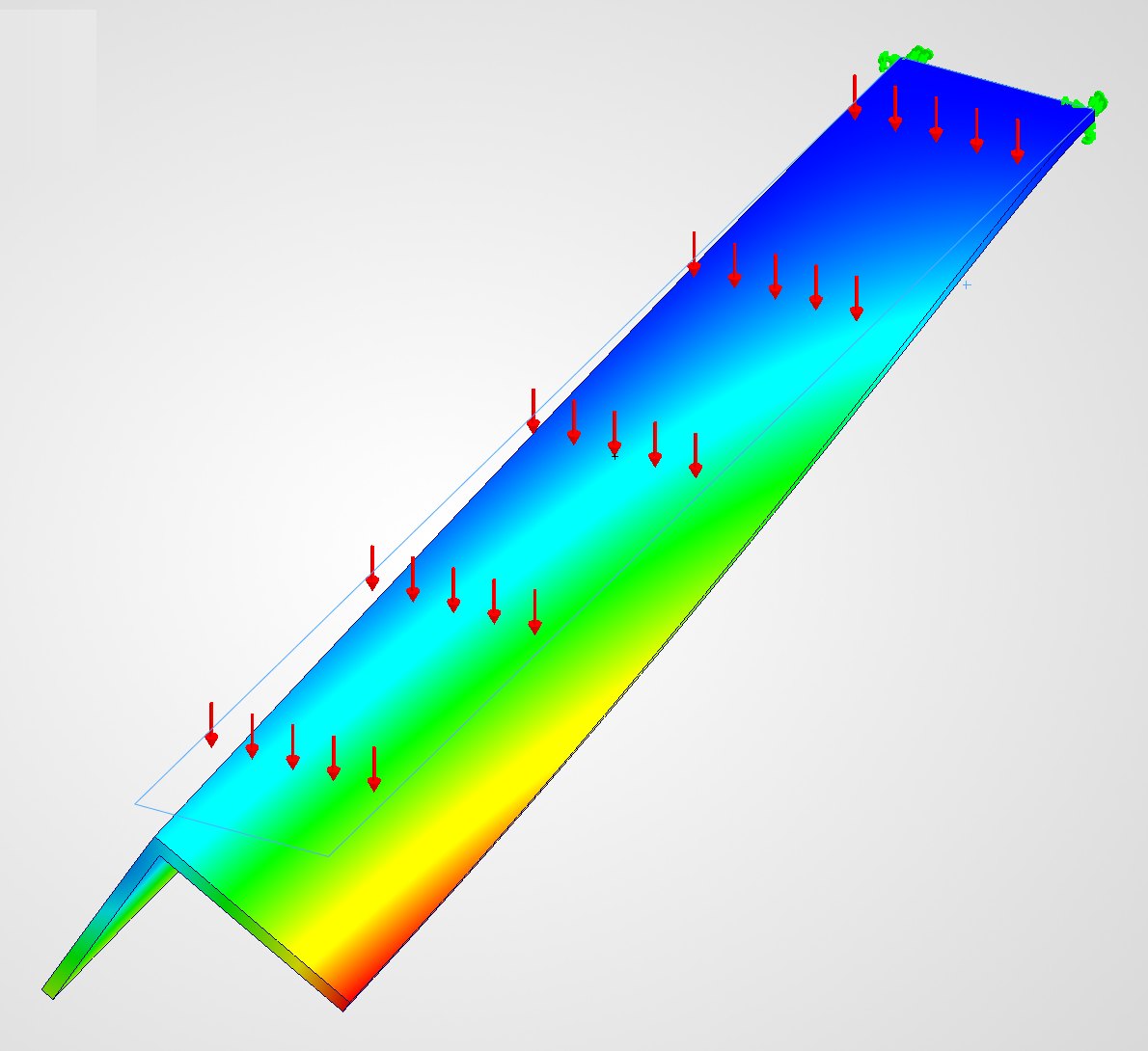 Finite element model from a recent job: a steel cantilever rack arm twisting under load, coloured by displacement