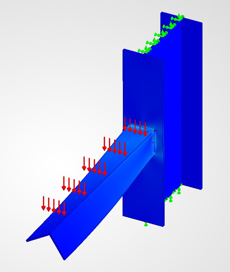 Finite element model of an angle arm welded to a steel upright flange, coloured by von Mises stress, with the fillet welds modelled as separate bodies