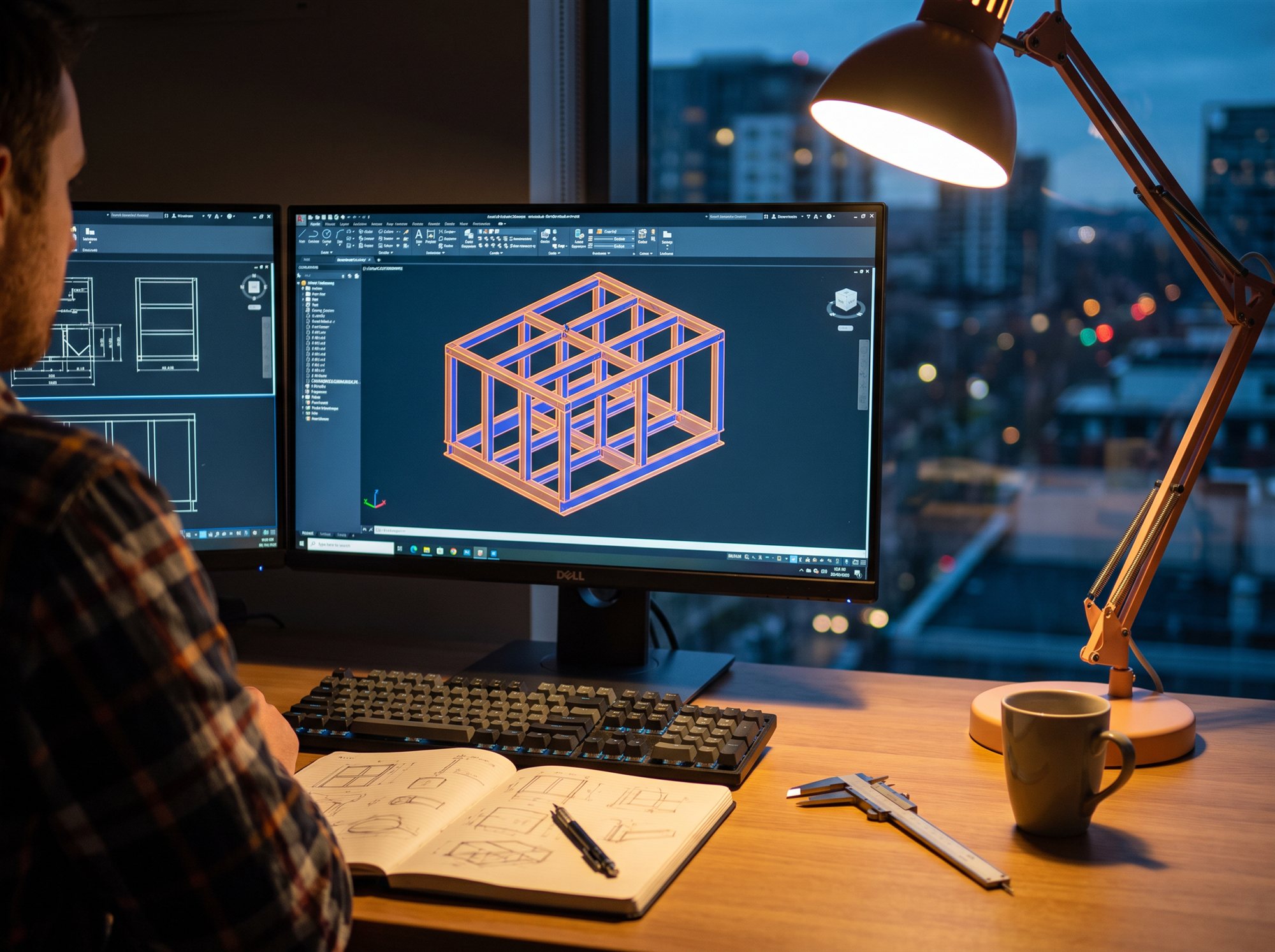 Mechanical engineer modelling a welded steel frame in 3D CAD