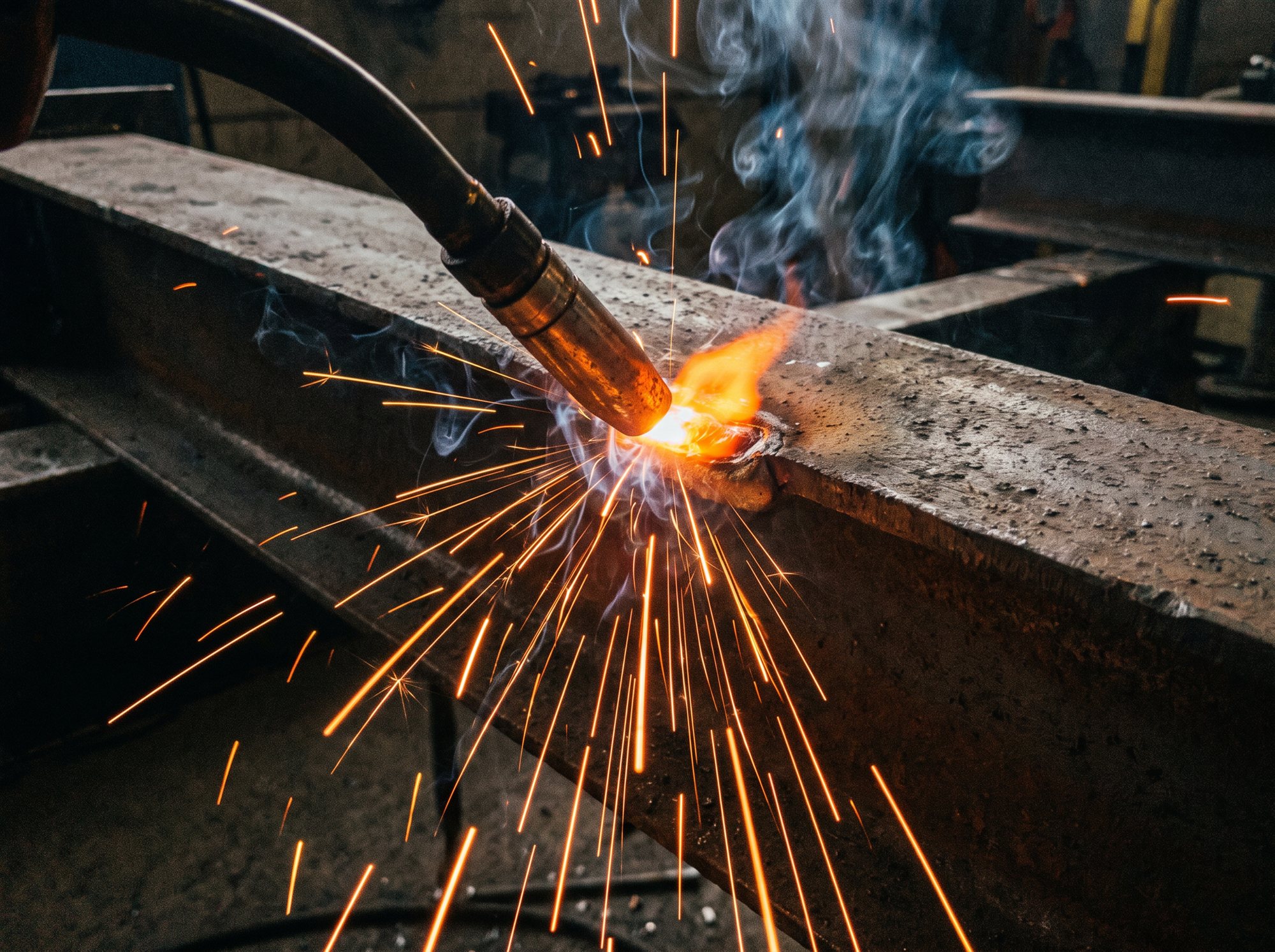Welding structural steel in the workshop