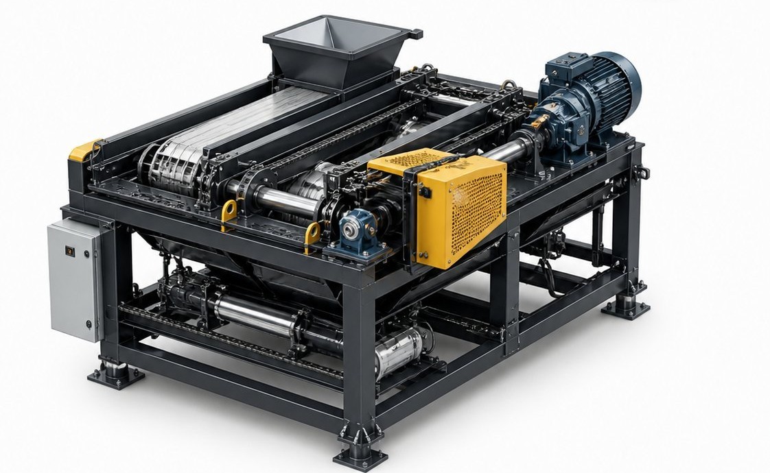 Mechanical engineering: steel-framed machine assembly designed and FEA-verified, fabrication-ready